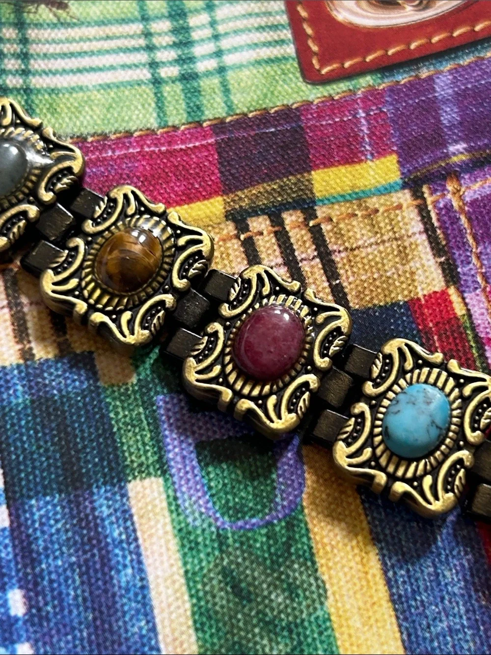 Vintage 1990 metal Bracelet with semitones, Turquoise, Red and tiger eyes & more